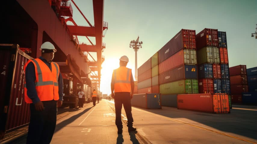 Two port workers wearing hard hats and orange high-visibility vests standing in a shipping terminal at sunset, surrounded by towering red cranes and stacks of colorful cargo containers.