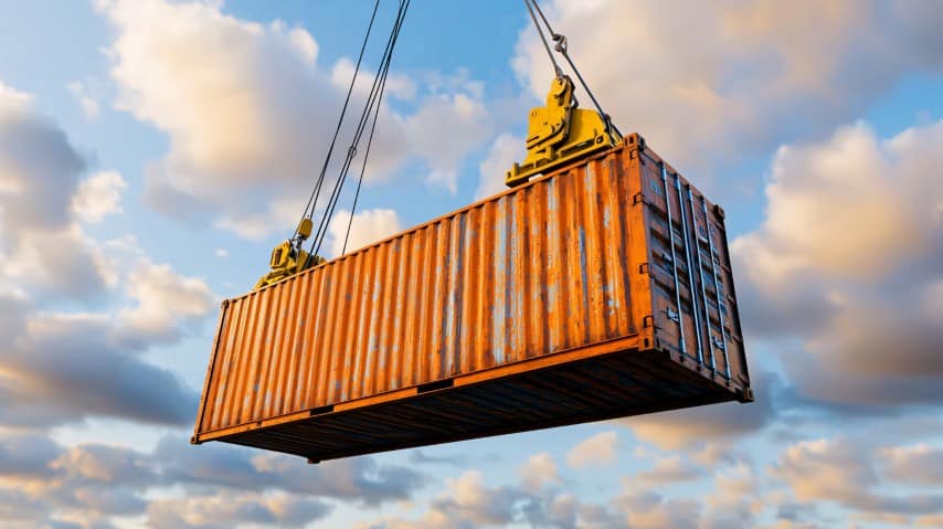 A low-angle view of a large orange shipping container being hoisted into the air by a crane against a blue sky with white clouds.
