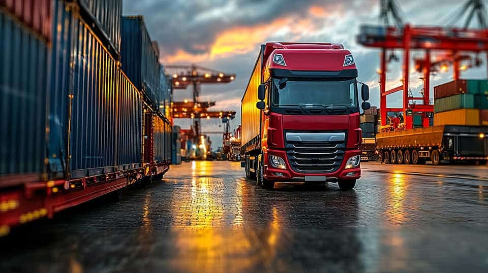 A red truck parked in a busy shipping yard at sunset, surrounded by containers and cranes, showcasing logistics and transportation.