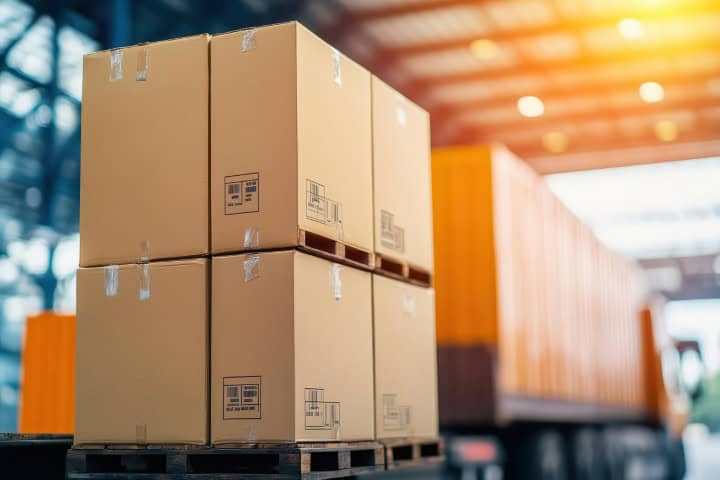 Stacked cardboard boxes on pallets inside a warehouse, prepared for truck shipment