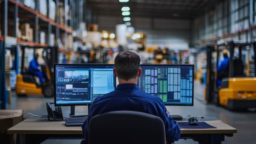 Warehouse operations manager monitoring inventory and logistics data on dual computer screens inside a large distribution center with forklifts in the background.